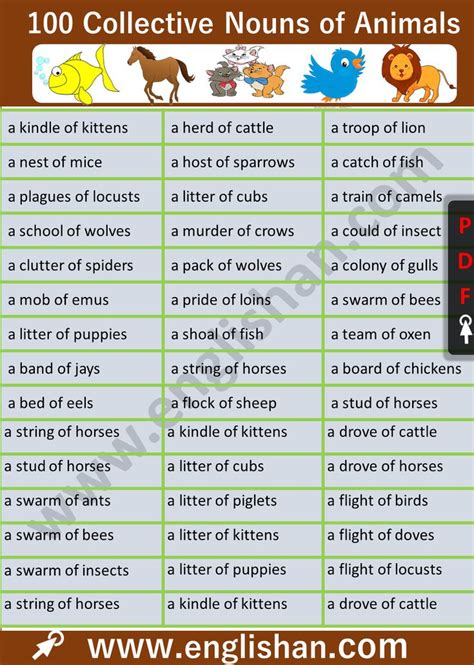 Learn extensive list of collective nouns with examples and esl printable worksheets to increase your vocabulary. 100 Collective Nouns of Animals with Examples | Download ...