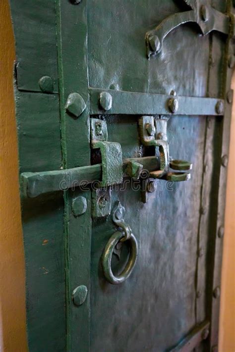 Vintage Door Locking Mechanism Of Green Wooden Door Stock Photo Image