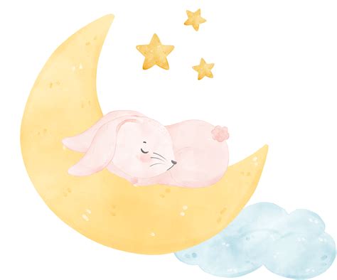 Adorable Pink Rabbit Bunny Sleeping On Crescent Watercolor Nursery Cartoon 10262673 Png