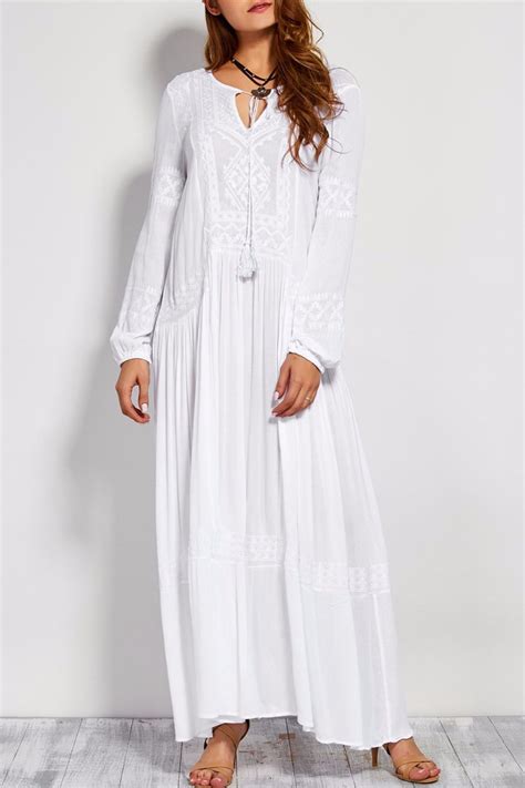 Long Cotton Peasant Dress Maxi Dress Embroidered Maxi Dress White