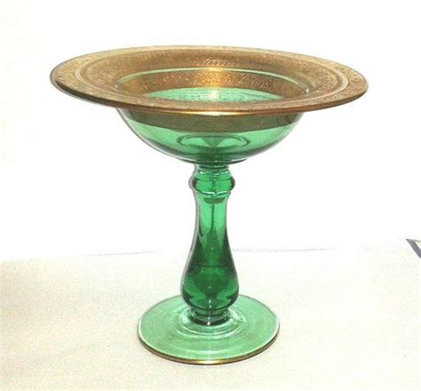 Antique Green Glass Chalice Cup With Gold Gilt Art Detail 7 Tall ~ Rare Hard To Find