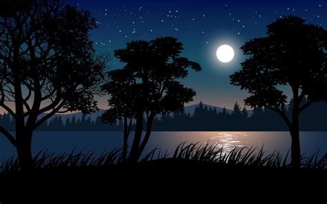 Moonlight Reflecting On Lake Landscape Vector Art At Vecteezy