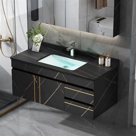 Modern 36 Black Floating Bathroom Vanity Wall Mount Ceramics Single Sink Vanity With Drawers