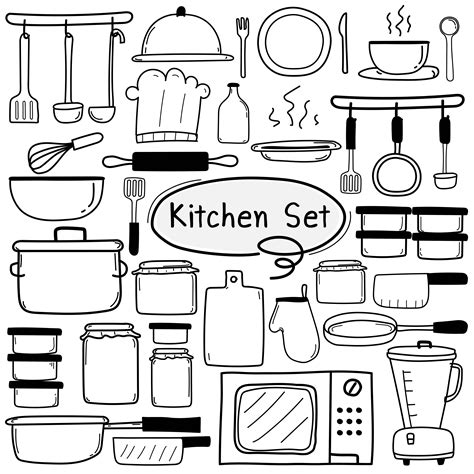 Line Hand Drawn Doodle Vector Kitchen Set Include Cooking Equipment