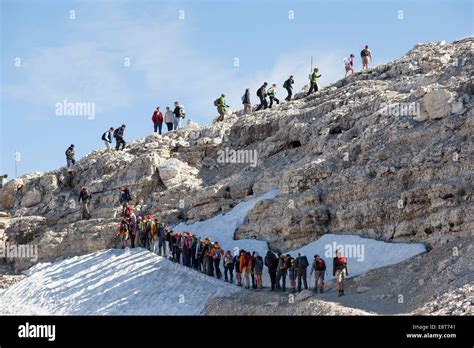 Tailback Of Climbers On The Hiking Trail Below Mt Piz Boe South Tyrol