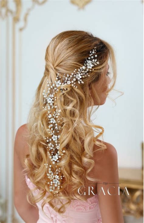 Leda Long Flower Bridal Wedding Hair Vine With Crystals By Topgracia