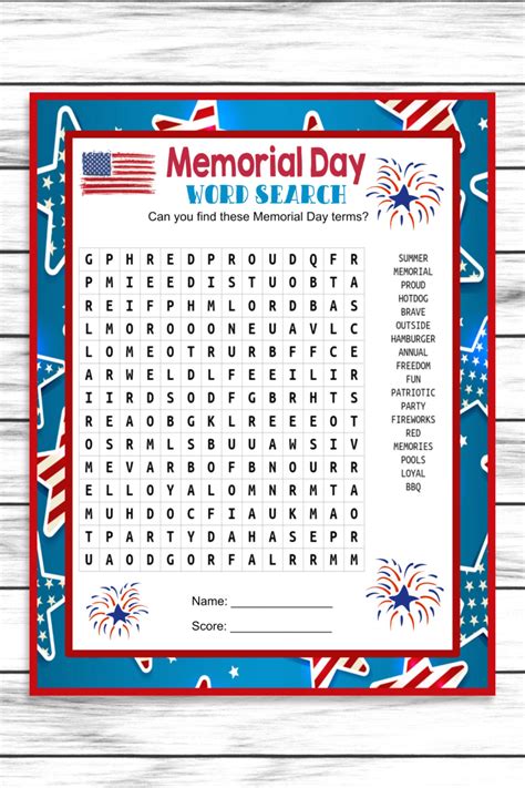 Memorial Day Word Search Game Printable Kids Activity Sheet Instant