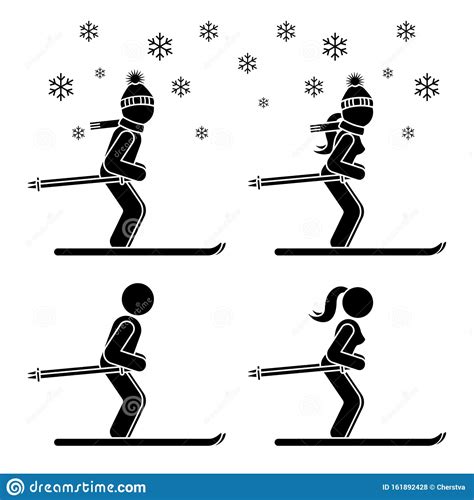 Skier Man And Woman Skiing Stick Figure Vector Icon Pictogram Set