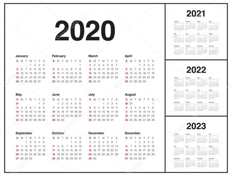 Year 2020 2021 2022 2023 Calendar Vector Design Template — Stock Photo