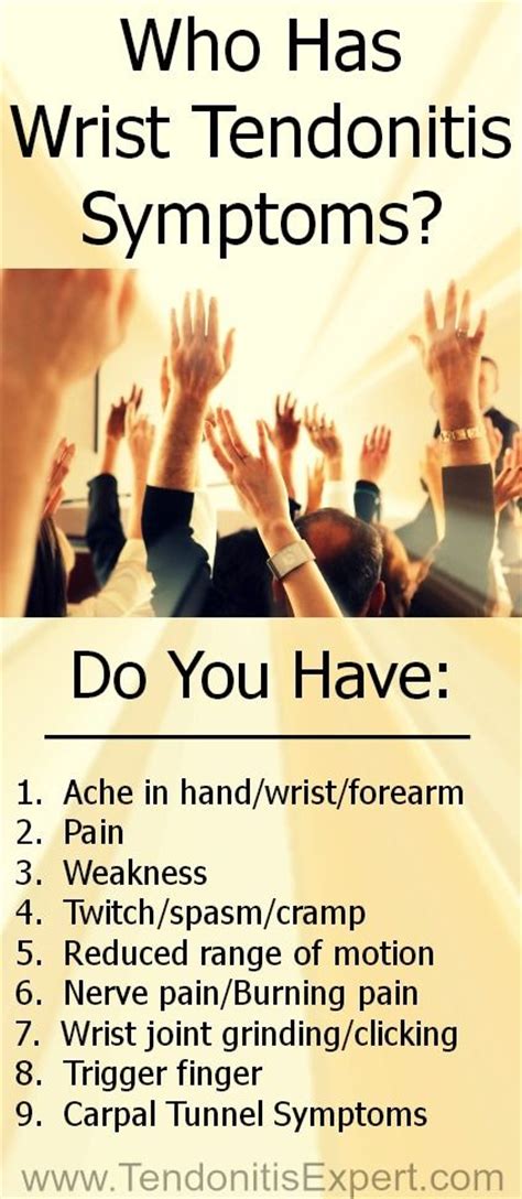 The main symptoms are pain, numbness and tingling in the thumb, index finger, middle finger and the thumb side of the ring finger. Do you have Wrist Tendonitis Symptoms? Think you have ...