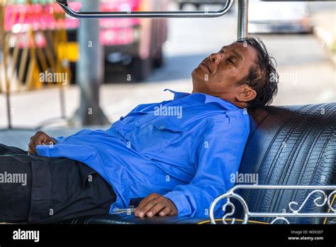 Bangkok Thailand April 14 2019 Taxi Driver Sleeping In His Tuk Tuk