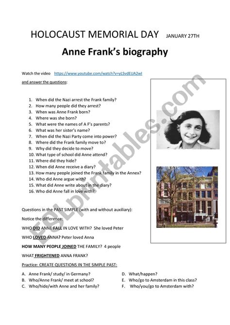 Anne Frank Esl Worksheet By Maayan1410
