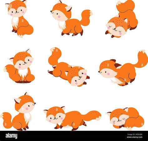 Cartoon Wildlife Fox Red Foxes Jump Sleep And Run Cute Forest Mascot