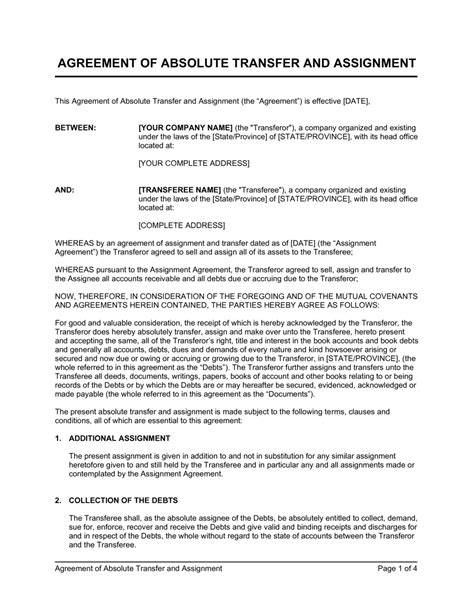 Agreement Of Absolute Transfer And Assignment Template By Business In