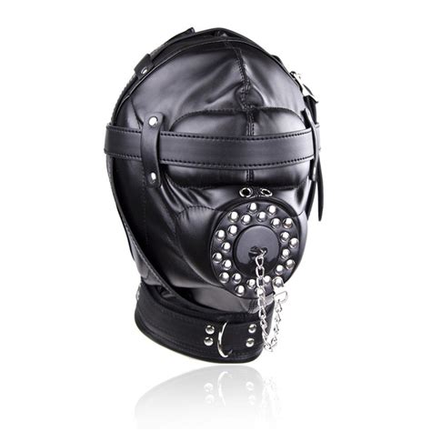 Leather Full Head Harness Fetish Mask Bondage Hood Sexy Slave Headgear With Open Mouth Gag Plug