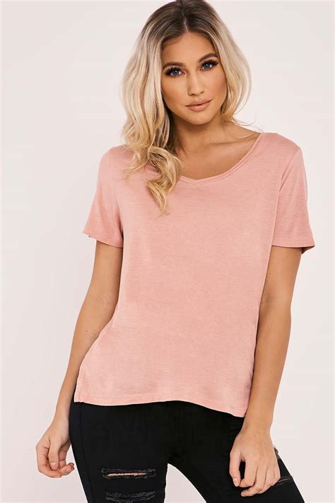 Basic Longline V Neck Nude T Shirt In The Style