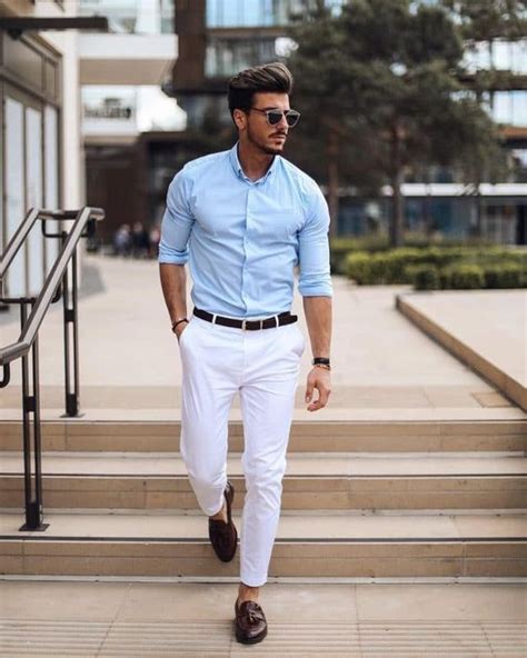 Light Blue Shirt Mens Pastel Outfits With White Jeans Summer Office