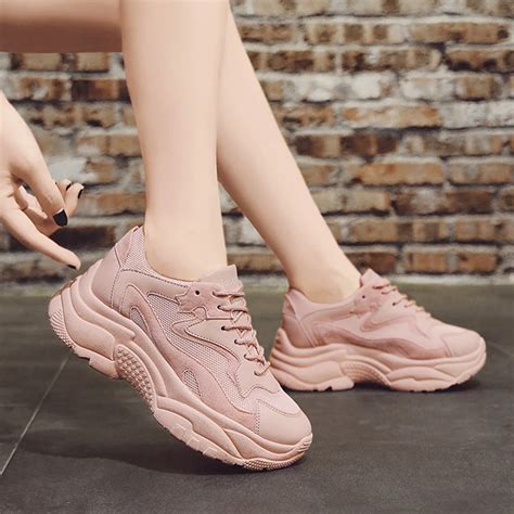 Womens Chunky Sneakers 2018 Fashion Women Platform Shoes Lace Up Pink Vulcanize Shoes Womens