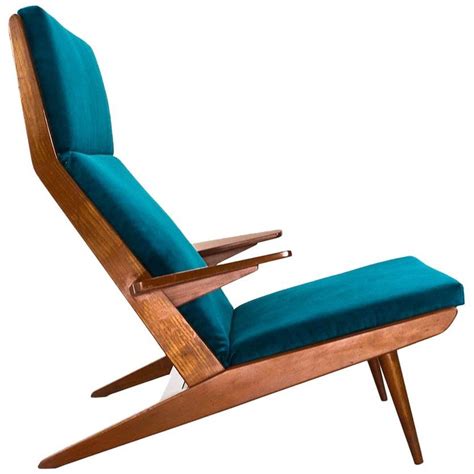 Mid Century Modern High Back Lounge Chair In Teak And Velvet 1960s For