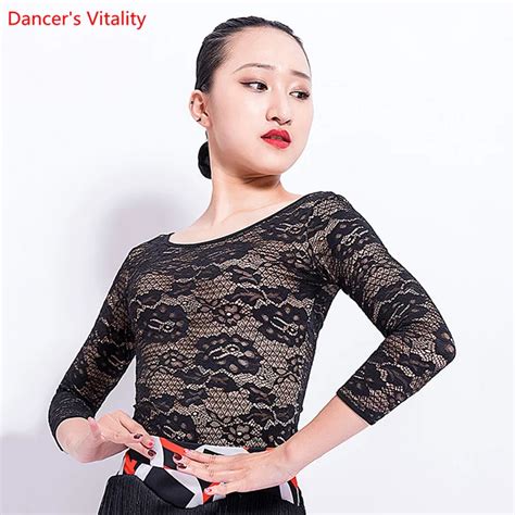 Latin Dance Tops Women Dancing Practice Costumes Sexy Lace Long Sleeves Tops Adult Female
