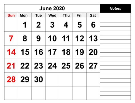 Free June 2020 Calendar With Notes Monthly Planner Template