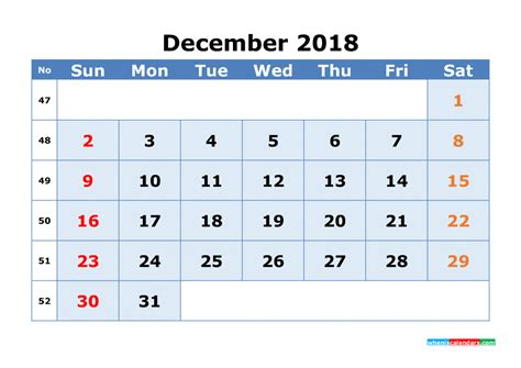 Looking for weekly calendar template free blank with excel templates printable 1? December 2018 Calendar with Week Numbers Printable 1 Month ...