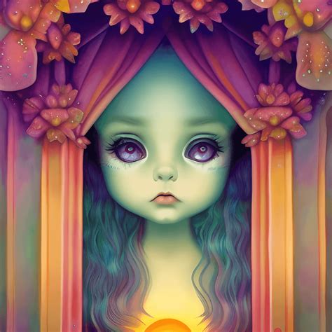 Pearlescent Girl With Big Eyes At Sunset With Hippie Flowers · Creative