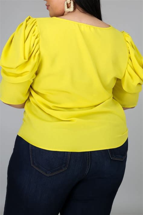 Lovely Casual O Neck Fold Design Yellow Plus Size Blouselw Fashion