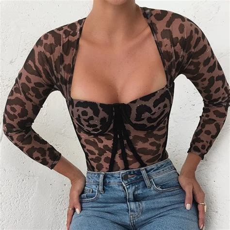 Leopard Printed Push Up Sexy Hollow Out Bodysuits 2020 Spring Fall Lady
