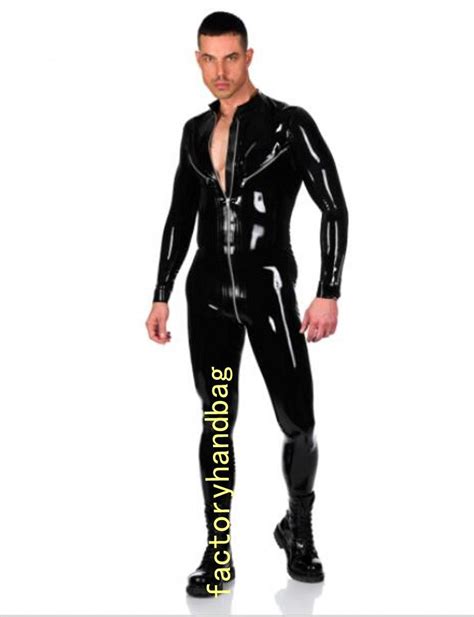 mens sexy black catsuit costumes wetlook pvc faux leather front 3 ways zipper to ass leotard