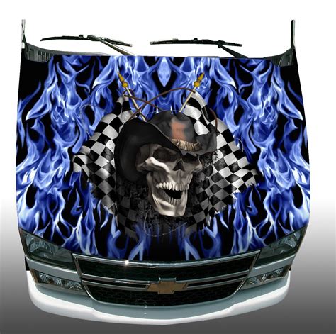 Motors Car And Truck Parts Racing Skull Checkered Flag Blue Flame Fire