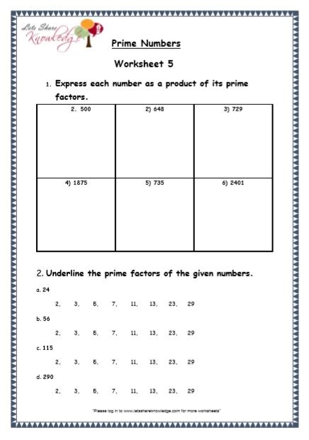 Grade 5 Maths Resources Prime Numbers Printable Worksheets Lets