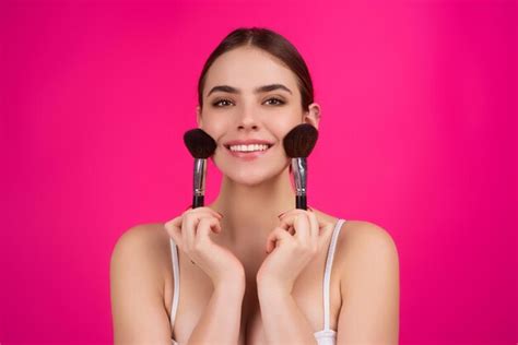 Premium Ai Image Facial Makeup Female Model Applying Blush Powder Foundation Tone