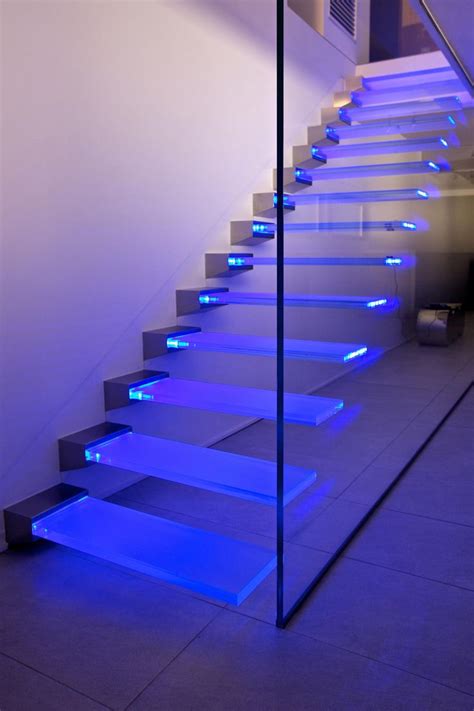 The Stairs Are Lit Up With Blue Lights