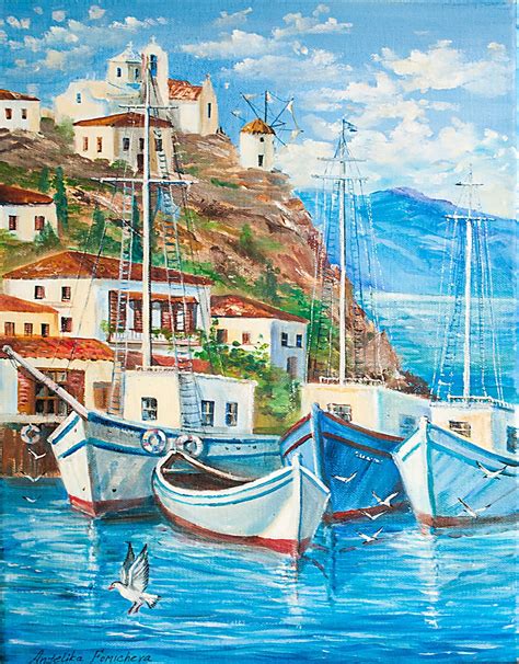 Mykonos Greece Island Original Landscape Oil Painting Boats Blue Sea