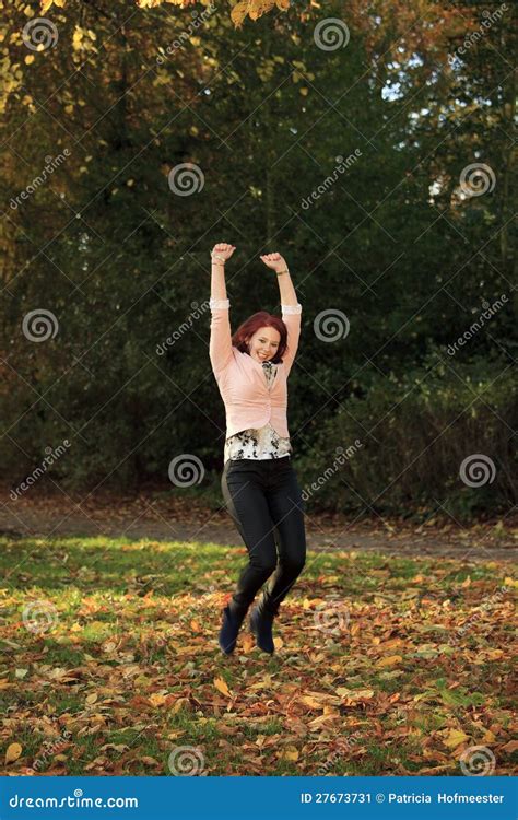 Happy Young Woman Jumping In Autumn Park Stock Image Image Of Female