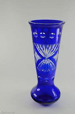 Beautiful Collectible Cobalt Blue Crystal Cut To Clear Glass Vase