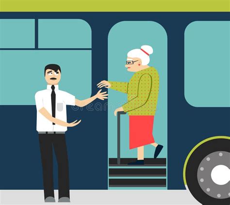 good manners old woman in the bus to give hand to old woman tired woman and man stock vector