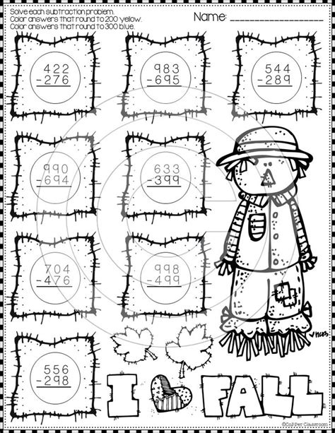 Fall 3 Digit Subtraction With Regrouping Color By Code Printables Subtraction Practice