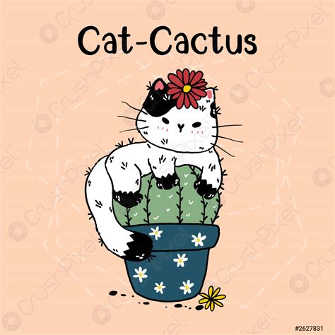 Cute Kawaii Cat Cactus In Pot With Flower Hand Drawing Stock Vector
