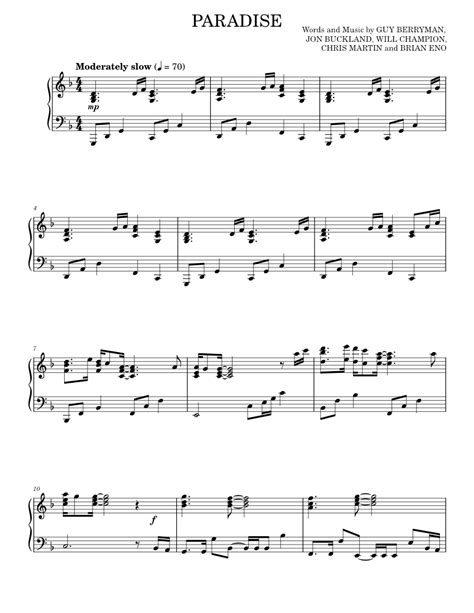 Paradise Sheet Music For Piano By Coldplay Official