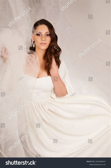 Woman White Dressbrunette Fashion Model Nude Stock Photo 2261806637
