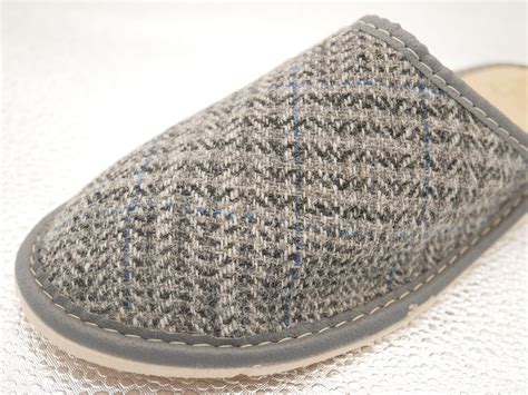 Womens Irish Tweed And Leather Slippers Grey Tartan Plaid Check With