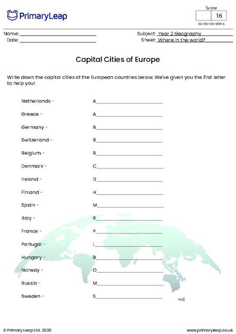 Geography Capital Cities Of Europe Worksheet Uk