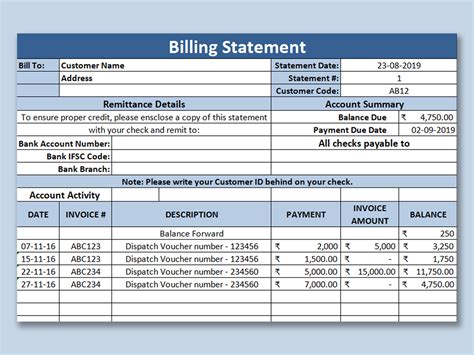 Excel Of Billing Statementxlsx Wps Free Templates