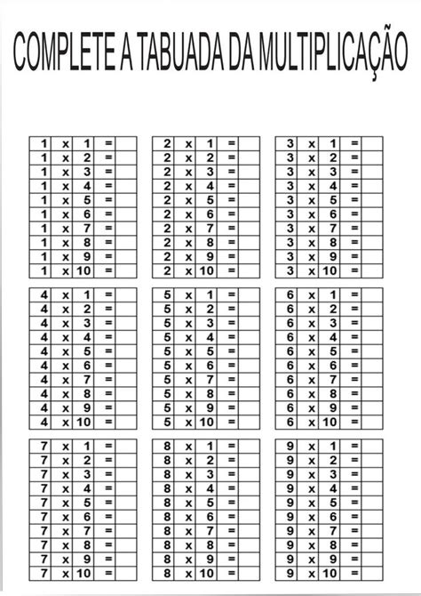 Tabuada De Multiplicação Do 0 Ao 9 Para Imprimir Mensagens E