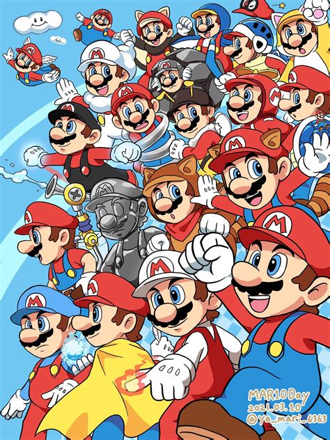 An Image Of Mario And His Friends In The Sky With Other Characters Behind Them All Wearing