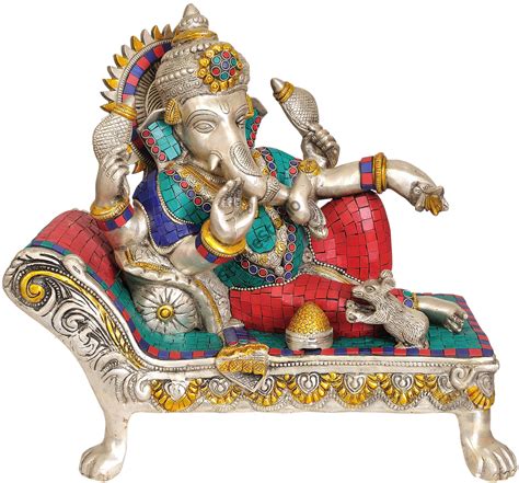 Turquoise Coral Fancy Brassware Art Work Lord Ganesha Reclining On