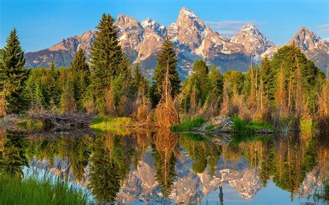 Nature Mountain Lake Forest Reflection Sunset Landscape Trees Water Snowy Peak