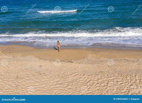 Aerial View Of Blonde Woman In Bikini On The Beach Stock Image Image